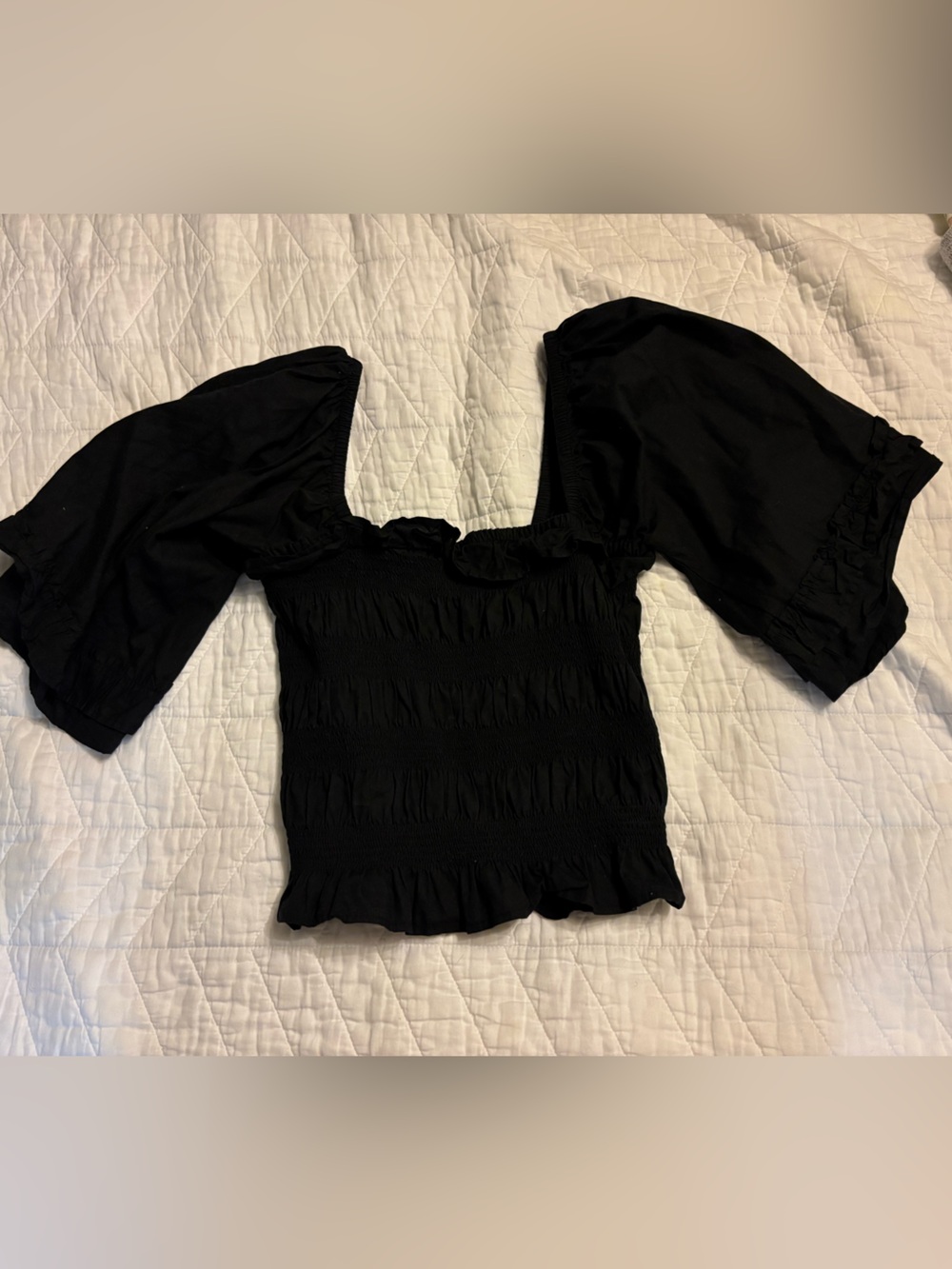 Free People Black Smocked Puff Sleeve Crop Top